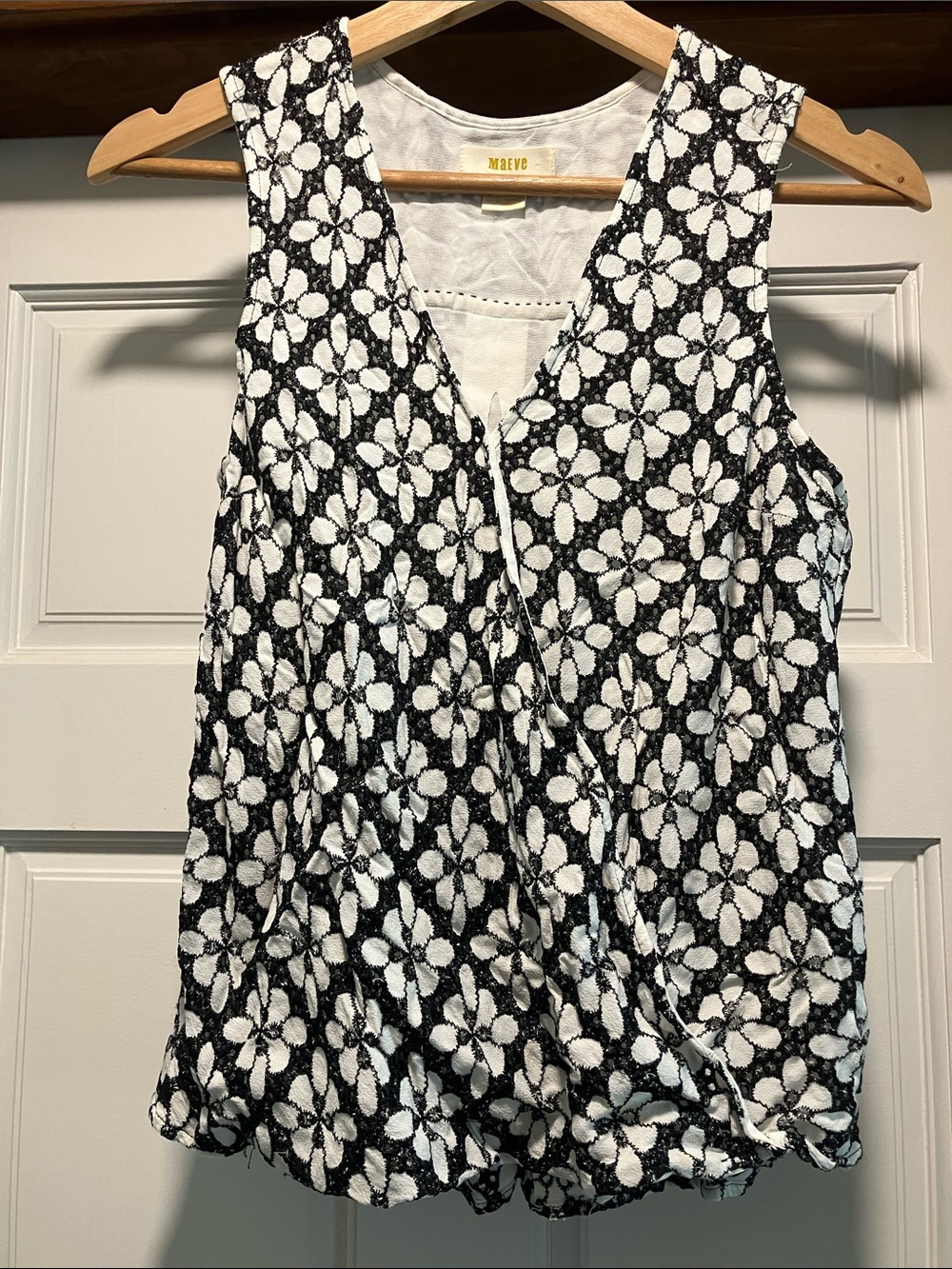 Maeve Black & White Floral Sleeveless Wrap Blouse